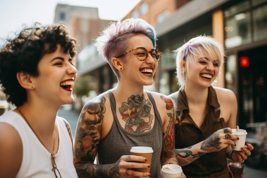 group of diverse tattooed trans woman drinking coffee smiling in the city 
