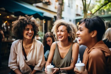 group of diverse trans woman drinking coffee smiling in the city - obrazy, fototapety, plakaty