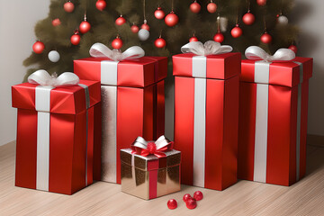 red Christmas gift box under the tree. Merry Christmas and Happy New Year. AI generated  content