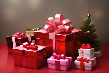 Colorful multicolored Christmas gift boxes. Merry Christmas and Happy New Year. AI generated  content