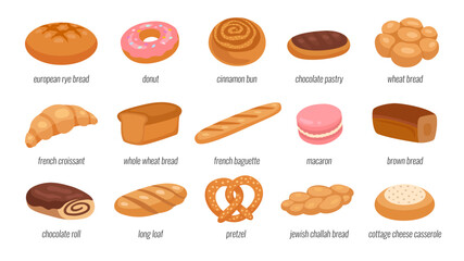 Bakery and pastry products: whole grain bread, dark rye bread, wheat bun, donut, croissant, cottage cheese cake, french baguette, loaf, pretzel, chocolate roll, macaroon cookies, cinnamon bun