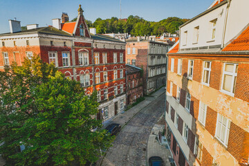 Biskupia Górka in Gdańsk. Drone view of charming tenement houses.