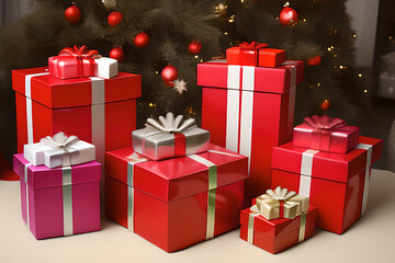 red Christmas gift boxes. Merry Christmas and Happy New Year. AI generated  content