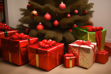 Christmas gift box under the tree. multicolored gift boxes. Merry Christmas and Happy New Year. AI generated  content