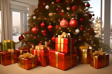 Christmas gift box under the tree. red gift boxes. Merry Christmas and Happy New Year. AI generated  content