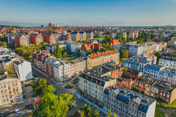 Dolne Miasto district in Gdańsk. Beautiful streets, old buildings, the Motława River. Morning.