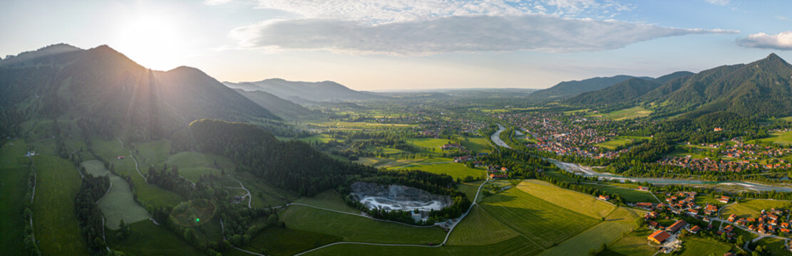 Bavarian Pre Alps. Sunset aerial panorama. Isar river valley. Lenggries Bad Toelz