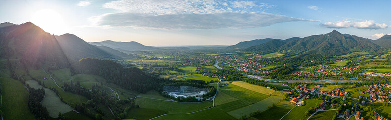 Bavarian Pre Alps. Sunset aerial panorama. Isar river valley. Lenggries Bad Toelz