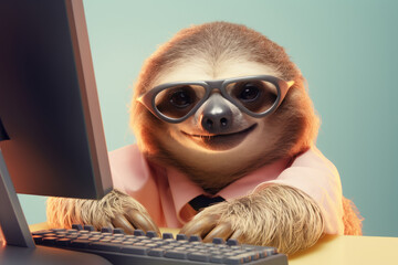 Sloth working at the computer, isolated on a light background