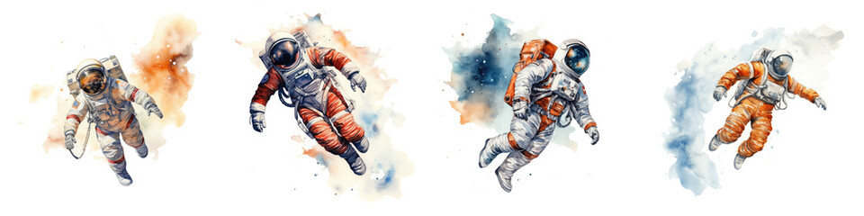 Fototapeta premium Watercolor astronaut flight in space, gravity picturesque card, poster, print, transparent background, generative AI