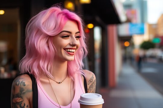 beautiful smiling pink haired tattooed trans woman drinking coffee in the city