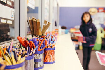 Close up of school stationery in the classroom
