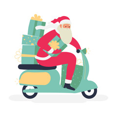 Modern flat vector illustration of cheerful Santa Claus drive on green scooter with various gift boxes, holding gift box, wearing red clothes isolated on white background