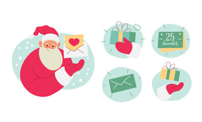 Set modern flat vector illustration of cheerful Santa Claus, showing gesture on open envelop with heart on paper sheet, wearing red clothes, various Christmas badges: gift box, calendar, envelop