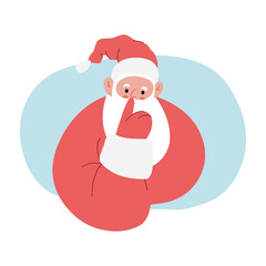 Modern flat vector illustration of cheerful Santa Claus, showing shh gesture with index finger near mouth, wearing red clothes