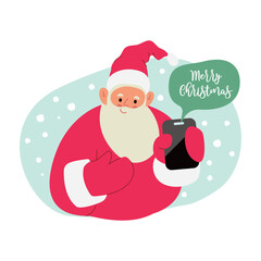 Modern flat vector illustration of cheerful Santa Claus, showing smartphone with message bubble Merry Christmas, wearing red clothes on xmas background 