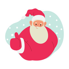 Modern flat vector illustration of cheerful Santa Claus, showing thumbs up gesture, wearing red clothes on xmas background 