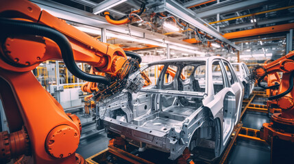 Car production at a robotic plant. Collection of cars. Modern automotive industry.