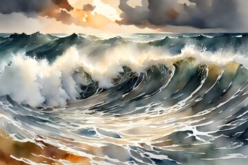 watercolor seascape resembling Winslow Homer's work, turbulent waves crashing in warm hues, intense facial expressions,