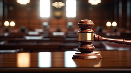 Close-up of gavel on judge desk, symbolizing court trial, justice and legal decisions in courtroom