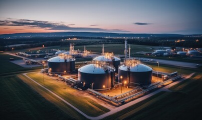 Modern industrial plant. Big oil tanks in refinery base. Storage of chemical products like oil, petrol, gas. Aerial view of petrol industrial zone at sunset.