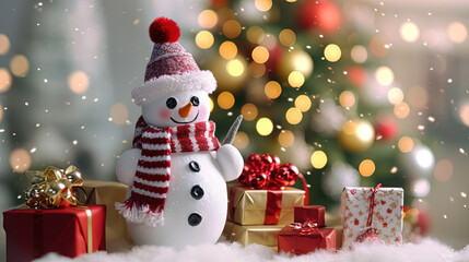 Obraz premium Christmas Eve Holiday Cute Snowman Giving Gifts in Outdoor Background Selective Focus