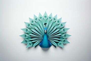 Elegant Blue Origami Peacock on White Background, Generative AI