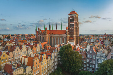 A magical image of Gdańsk at sunset. Urban landscape. Beautiful Main Town with old tenement...