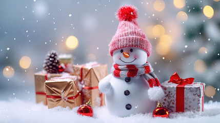 Fototapeta premium Merry Christmas Greeting with Cute Snow Man Giving Gift in Outdoor For Winter Holiday Eve Background Selective Focus