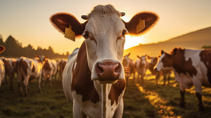 Dairy cows graze on a green grass meadow. The cow looks at the camera. Agriculture. - obrazy, fototapety, plakaty
