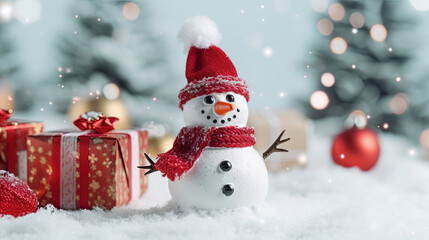 Fototapeta na wymiar Cute Snowman in His Red Outfit For Merry Christmas Greeting Background Focus on Foreground