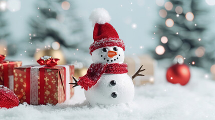 Obraz premium Cute Snowman in His Red Outfit For Merry Christmas Greeting Background Focus on Foreground