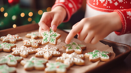 Merry Christmas and Happy Holidays - Children's hands making decorating sugar frosting Christmas cookies on wooden table, Festive homemade decorated sweets, generative ai
