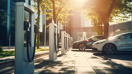 Modern fast electric vehicle chargers for charging car in park, - obrazy, fototapety, plakaty