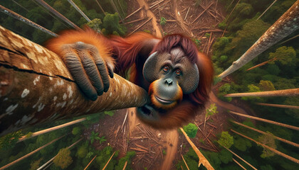 Obraz premium Frail Grip: Orangutans in Deforested Desolation