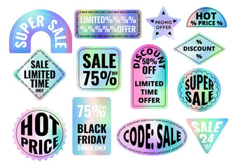 Holographic Sticker Set Sale Promotion Concept Black Friday. Vector illustration of Discount Stickers Labels Badges Signs