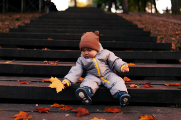 Obraz premium A small beautiful baby in a warm overalls sits on a wooden ladder. A walk on the street among the yellow leaves.