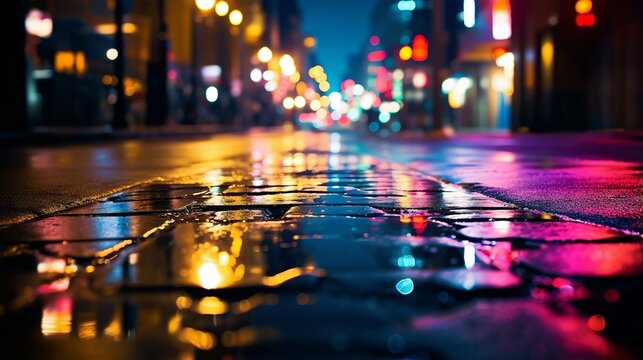 Neon lights and reflections in a dark city street - abstract night background with blurred bokeh