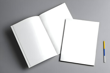 Open and closed blank brochures on grey background, top view. Mock up for design