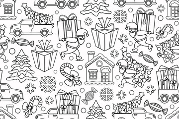 Seamless line art Christmas pattern with Santa, cars carrying gifts and decorated Christmas trees, presents, snow covered houses and firs. 
