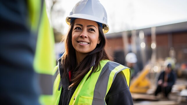 Portrait of smiling female engineer on site wearing hard hat, high vis vest, and PPE in front of industrial machinery