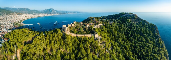 Alanya Castle and Marina from a drone, Alanya, Turkish Riviera on Mediterranean Coast, Antalya, Turkey - obrazy, fototapety, plakaty