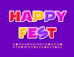 Vector playful flyer Happy Fest. Bright Kids Alphabet Letters and Numbers set. Glossy Colorful Font.