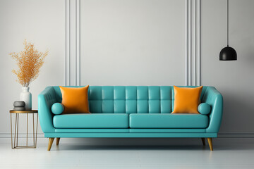 Interior of living room with blue sofa and orange cushions. 3d render. ia generated