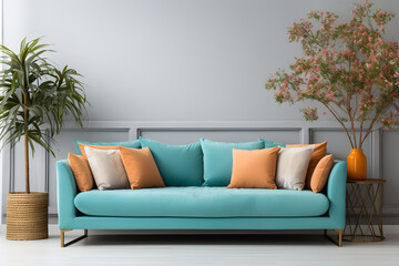 Interior of living room with blue sofa and orange cushions. 3d render. ia generated