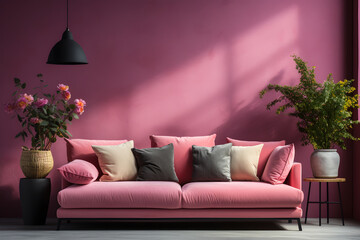Fototapeta na wymiar Living room interior with pink sofa and plant. 3d render. ia generated