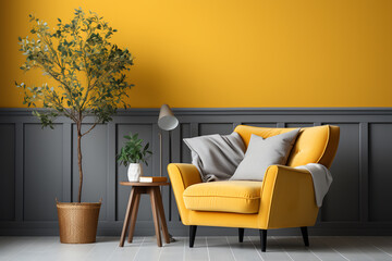 Interior of modern living room with yellow wall, armchair and flowers. 3d render. ia generated