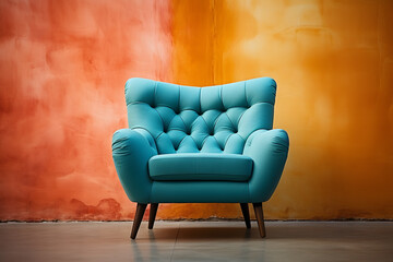 Blue armchair in front of an orange wall. 3d rendering. ia generated