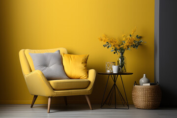 Interior of modern living room with yellow wall, armchair and flowers. 3d render. ia generated