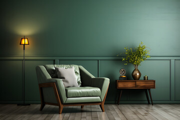 Green armchair in modern interior with vase. 3d render. ia generated